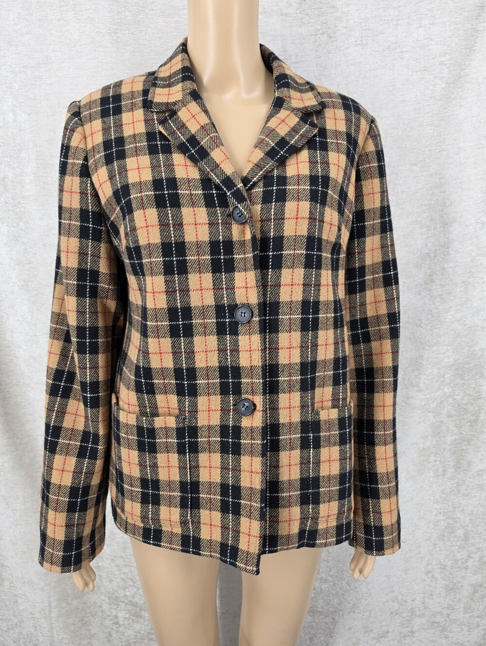 Vintage Wool Blend Plaid Blazer Jacket Tan Black Red Preppy 90s